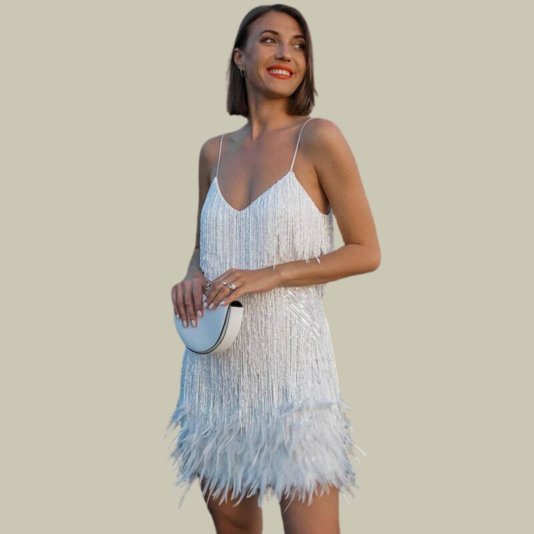 Feather-Trim Mini Dress – Statement Evening Silhouette