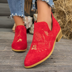 Seren | Embroidered Pointed Ankle Boots with Low Heel - Red