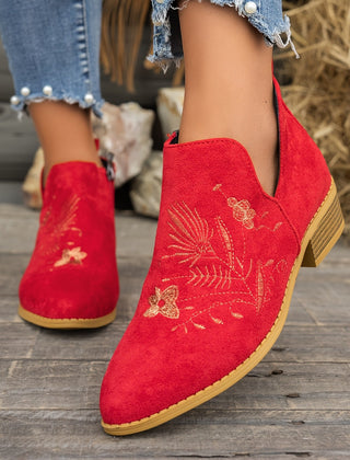 Seren | Embroidered Pointed Ankle Boots with Low Heel - Red