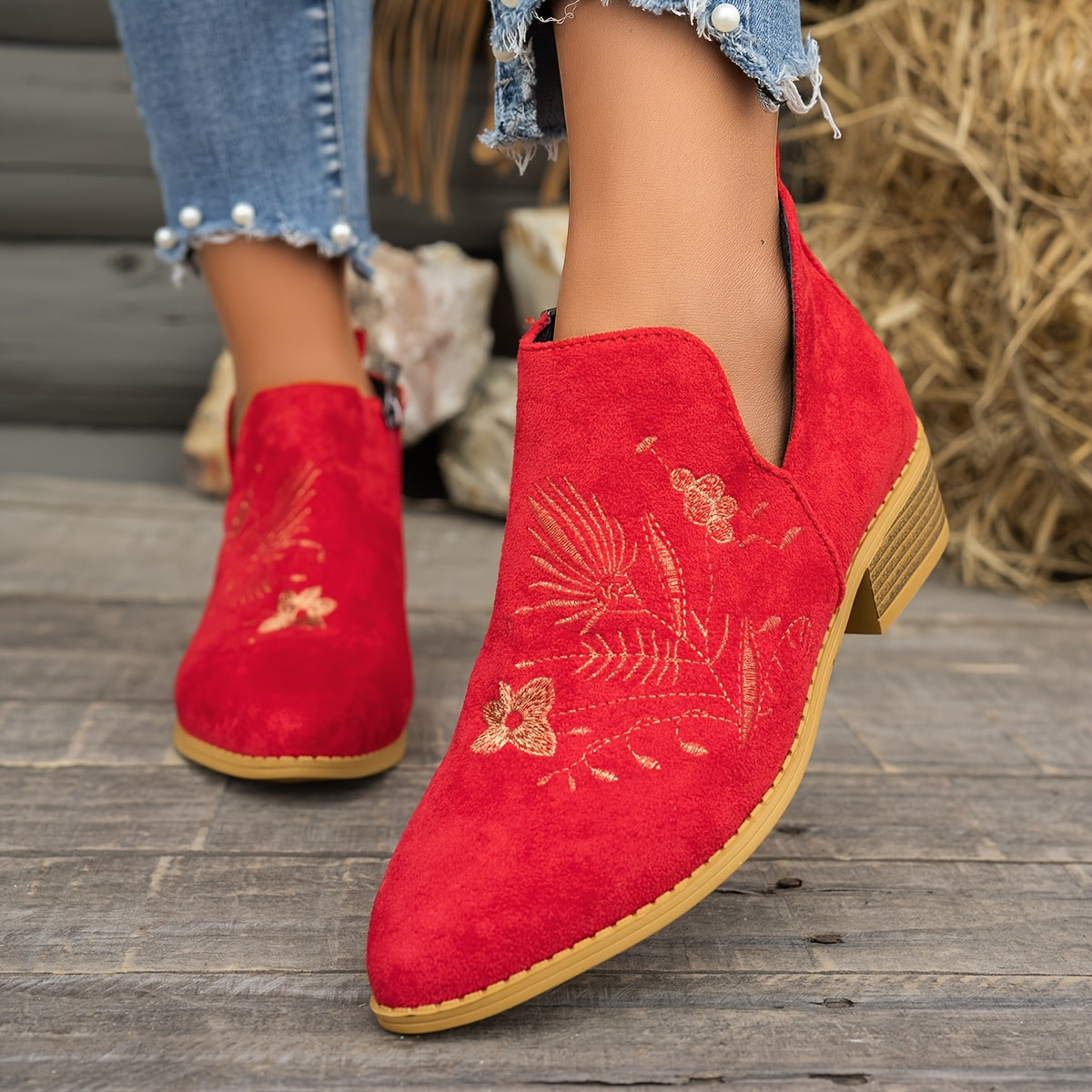 Seren | Embroidered Pointed Ankle Boots with Low Heel - Red