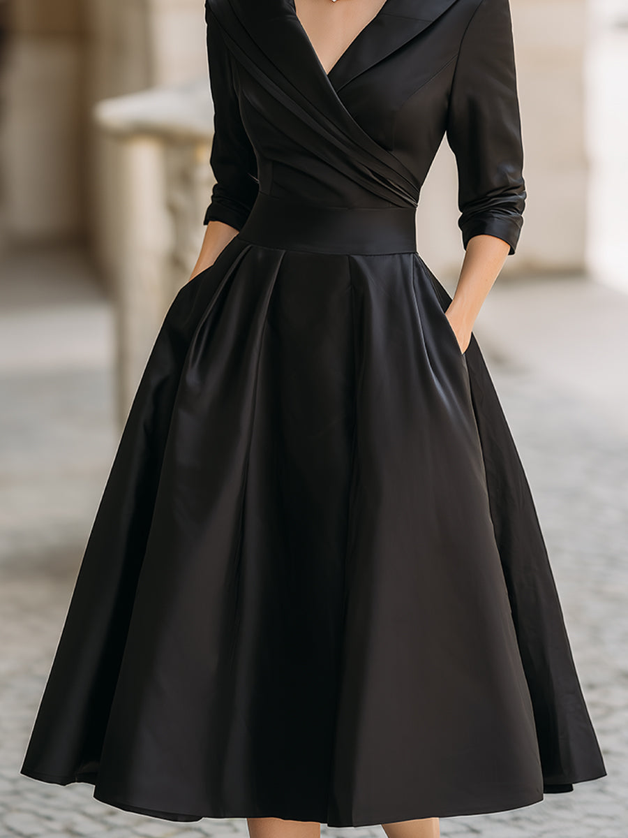Margaret | Pleated Wrap Midi Dress with Shawl Collar