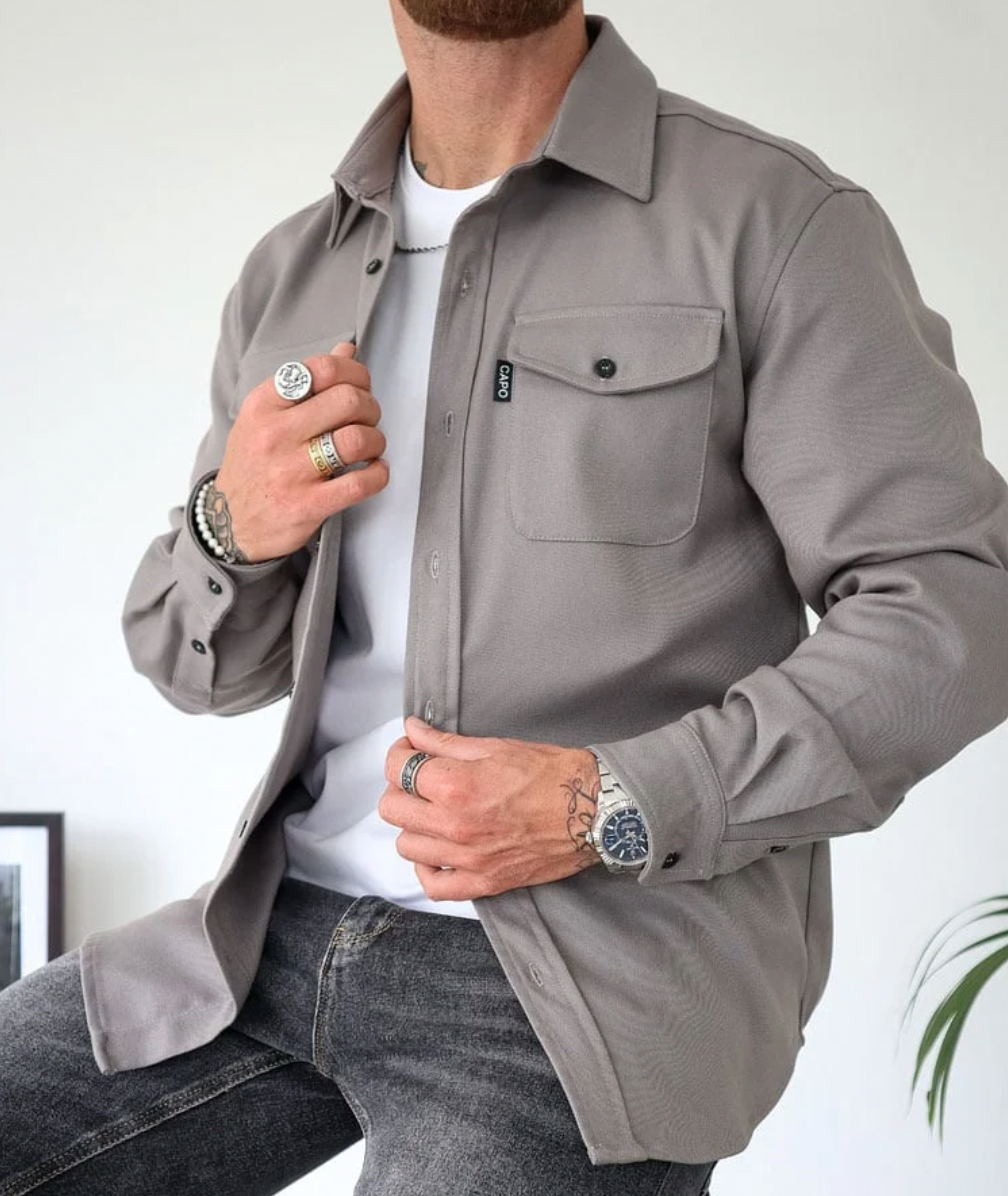 Classic Shirt Jacket with Flap Chest Pockets in Grey