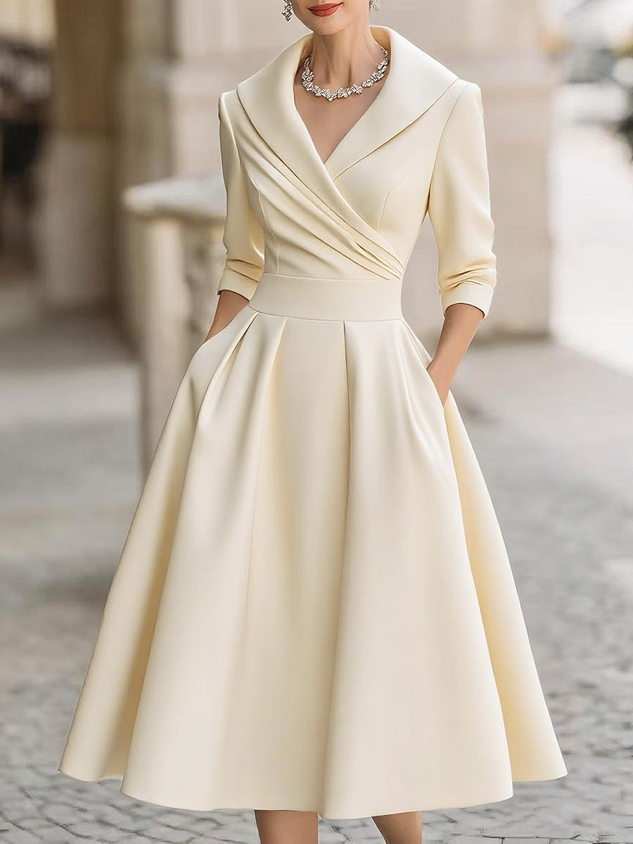 Margaret | Pleated Wrap Midi Dress with Shawl Collar