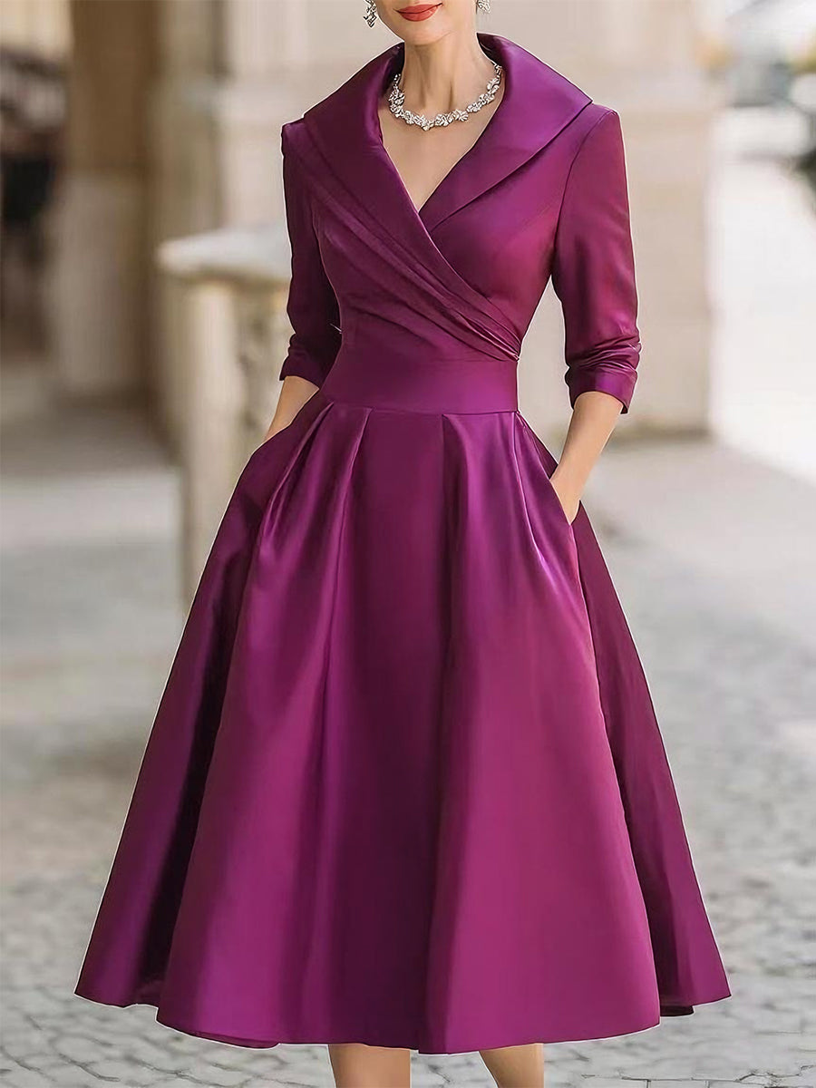 Margaret | Pleated Wrap Midi Dress with Shawl Collar
