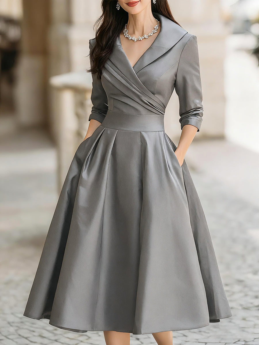Margaret | Pleated Wrap Midi Dress with Shawl Collar