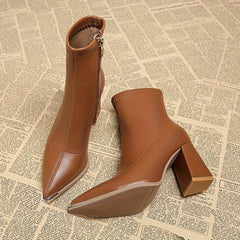 Rosa | Pointed Chunky Heel Ankle Boots with Side Zip - Rust