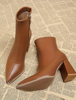 Rosa | Pointed Chunky Heel Ankle Boots with Side Zip - Rust