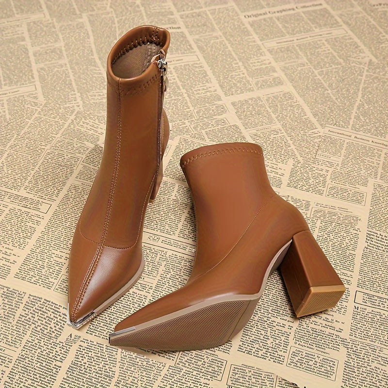 Rosa | Pointed Chunky Heel Ankle Boots with Side Zip - Rust