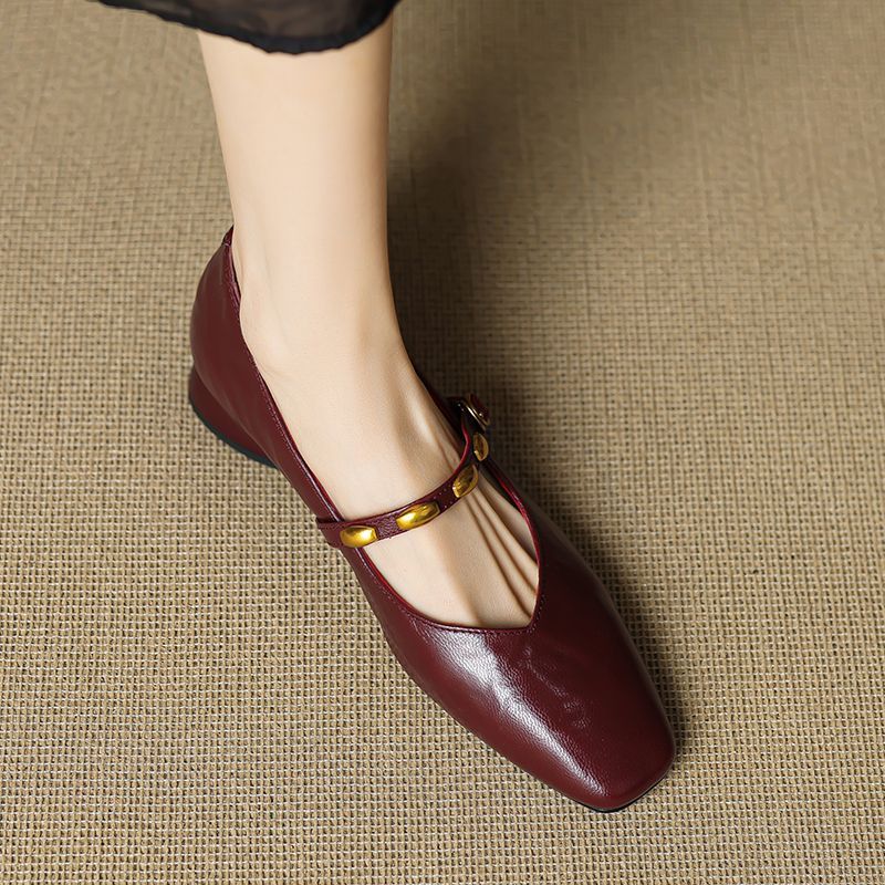 Penelope | Square Toe Mary Jane Flats with Gold Buckle