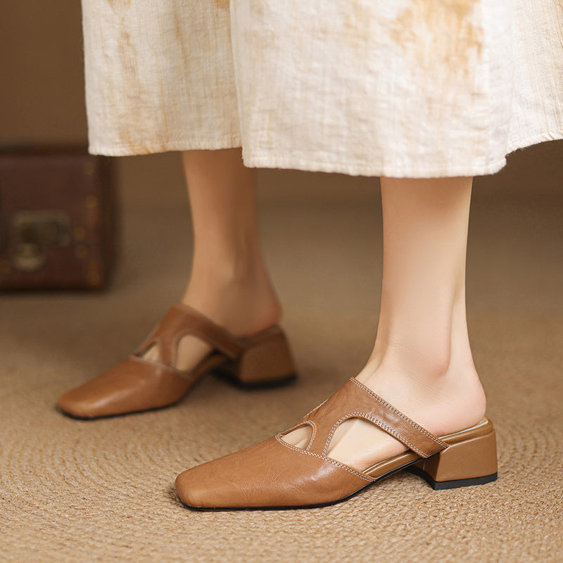 Valentina | Square Toe Block Heel Mules with Cut-Out Detail