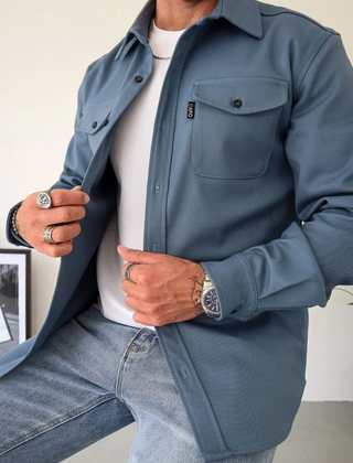 Classic Shirt Jacket with Flap Chest Pockets in Blue