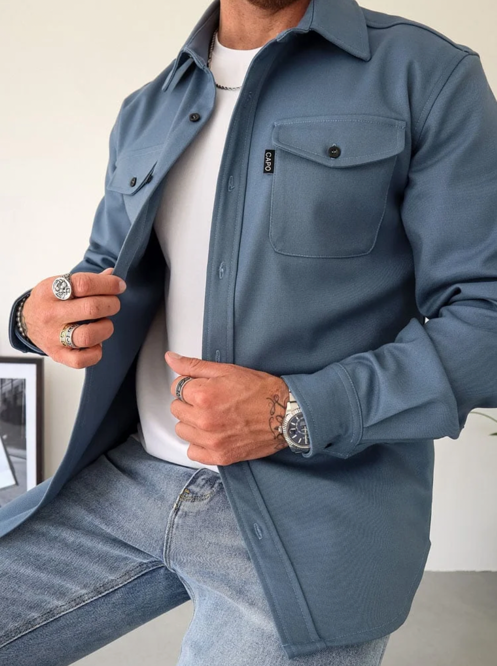 Classic Shirt Jacket with Flap Chest Pockets in Blue