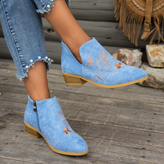 Seren | Embroidered Pointed Ankle Boots with Low Heel