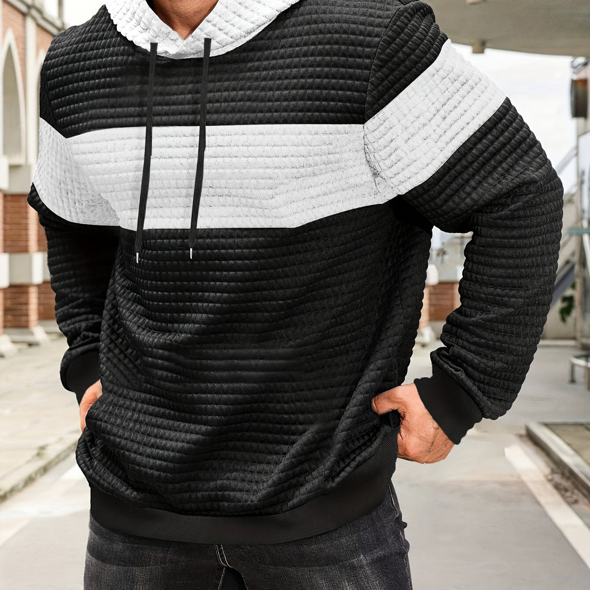 Rory | Textured Colour-Block Hoodie with Front Pocket - White