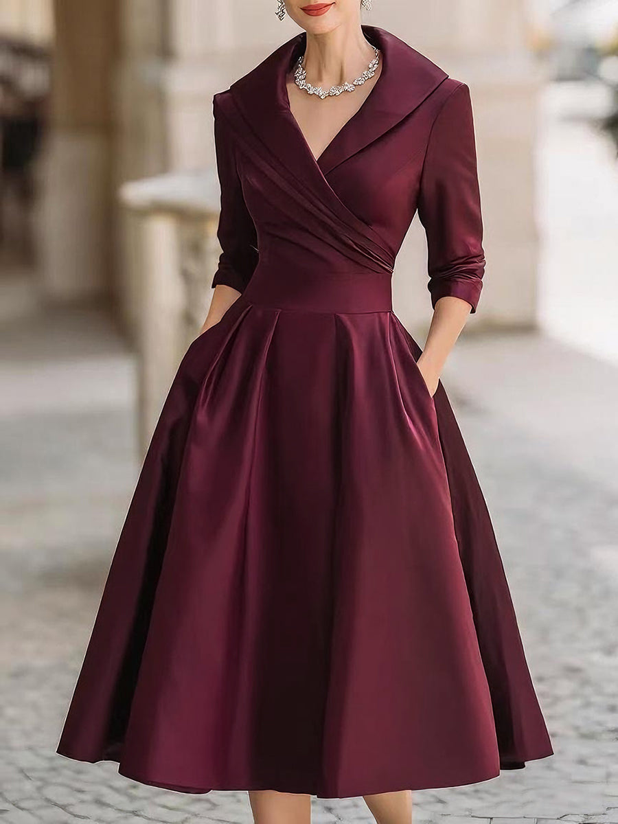 Margaret | Pleated Wrap Midi Dress with Shawl Collar
