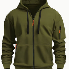 Ewan | Everyday Zip-Up Hoodie with Drawstring Hood - Army Green