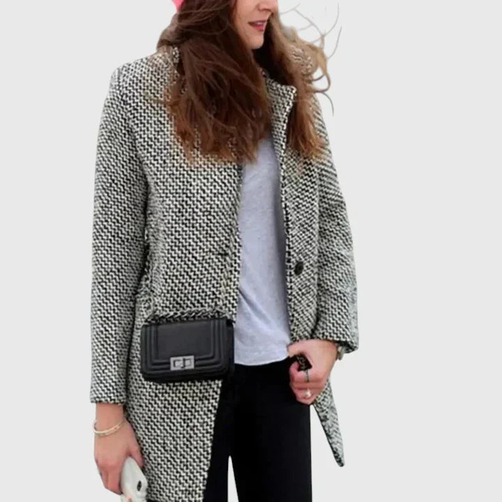 Isolde Houndstooth Print Longline Coat - Grey styled