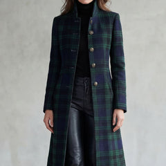 Isla | Fitted Tartan Longline Coat with Stand Collar