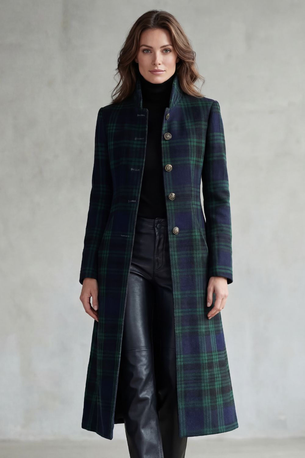 Isla | Fitted Tartan Longline Coat with Stand Collar