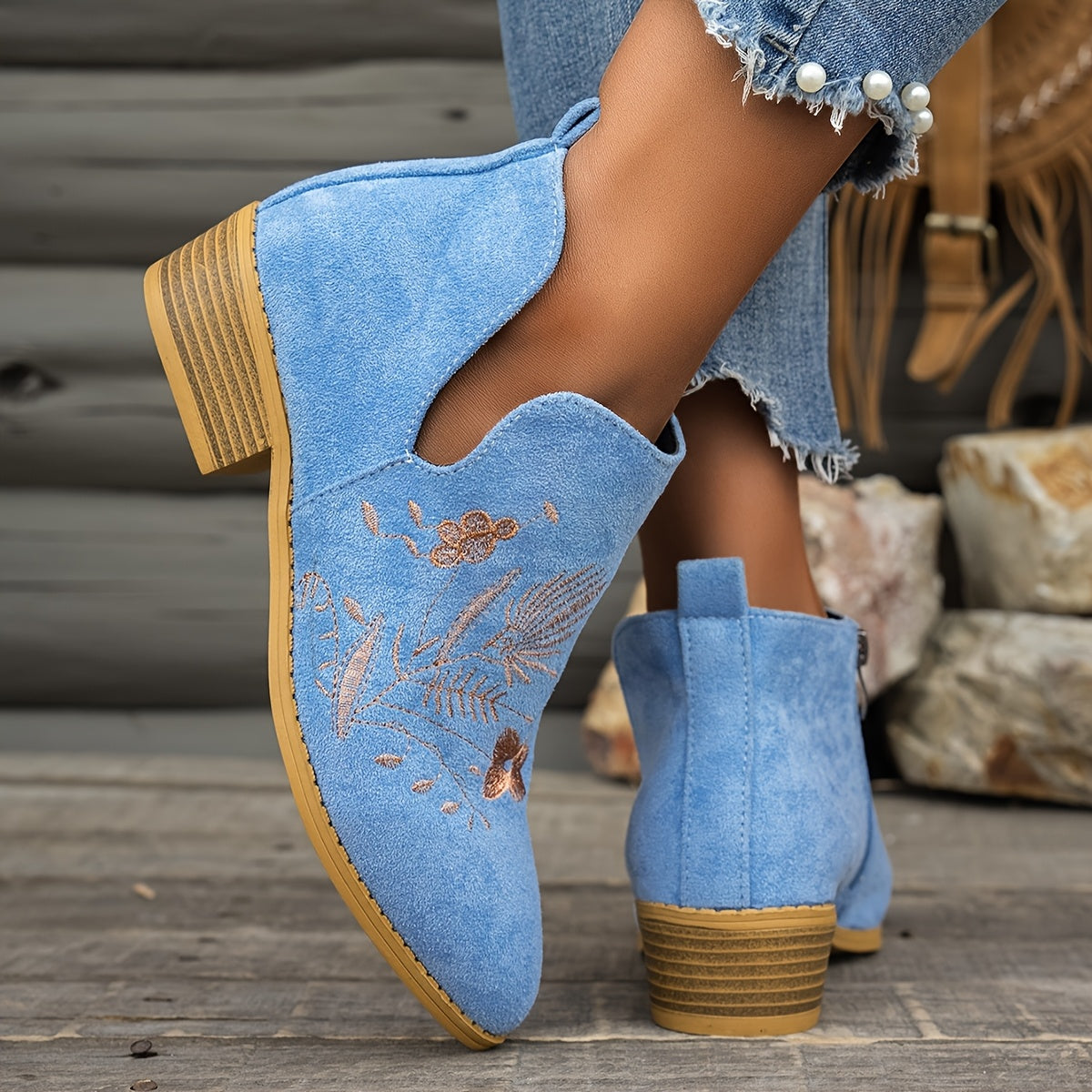 Seren | Embroidered Pointed Ankle Boots with Low Heel