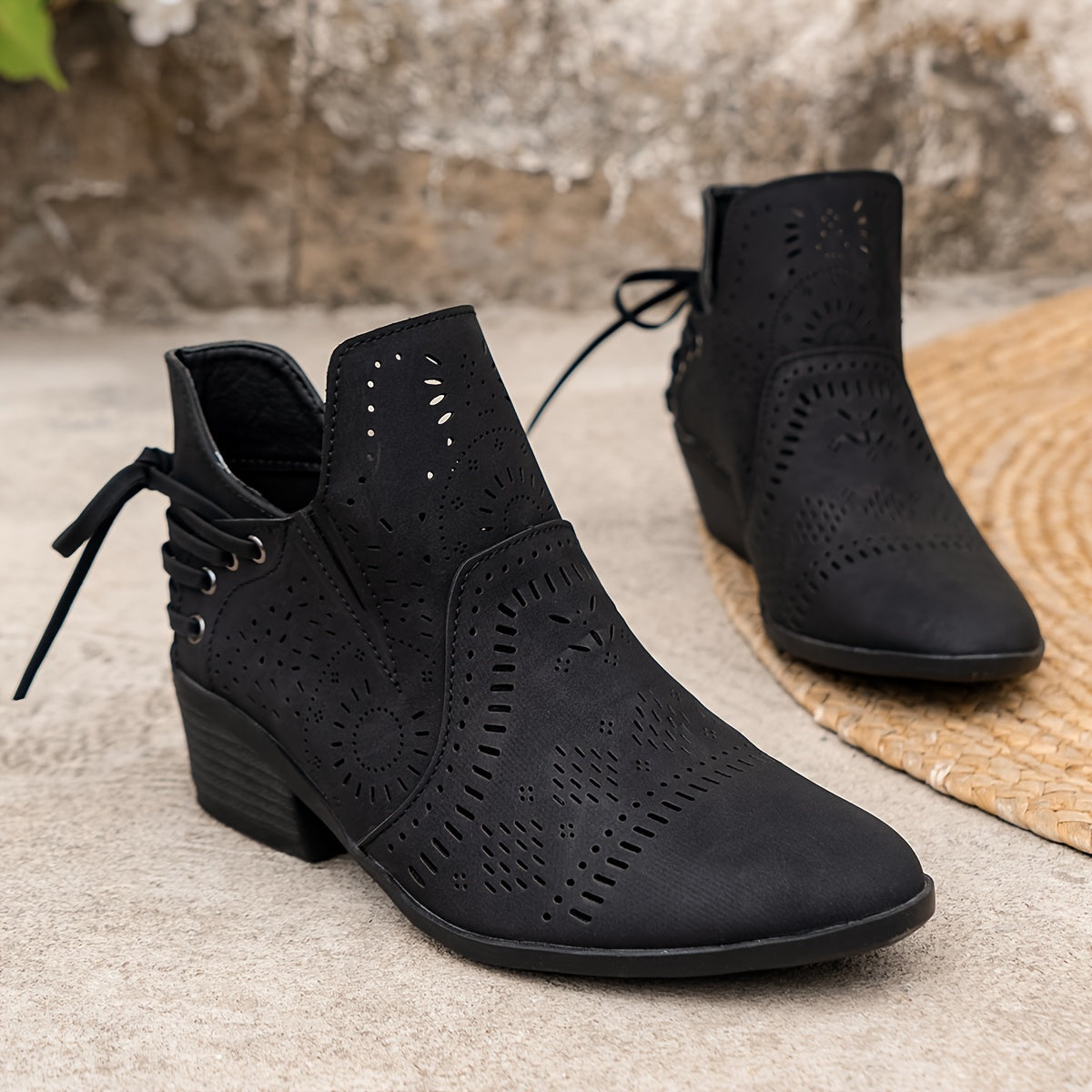 Savannah | Perforated Western Ankle Boots with Tie-Back Detail