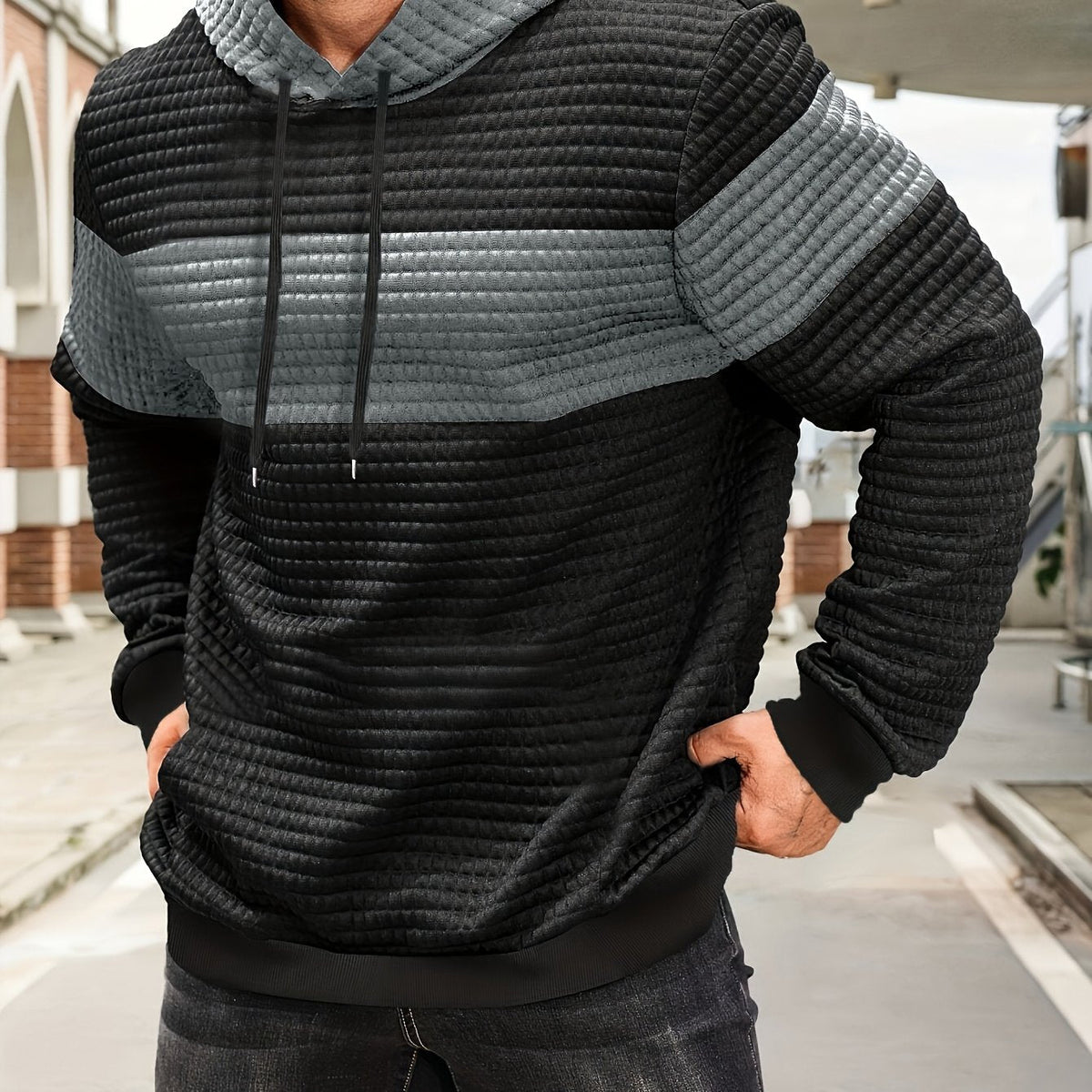Rory | Textured Colour-Block Hoodie with Front Pocket - Silver Grey