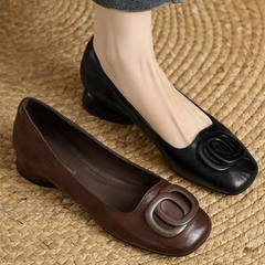 Sylvie | Square Toe Block Heel Flats with Buckle Detail