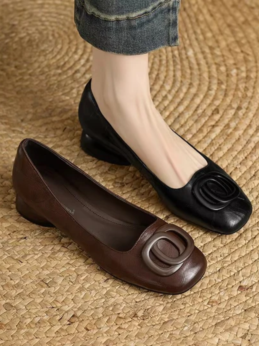Sylvie | Square Toe Block Heel Flats with Buckle Detail