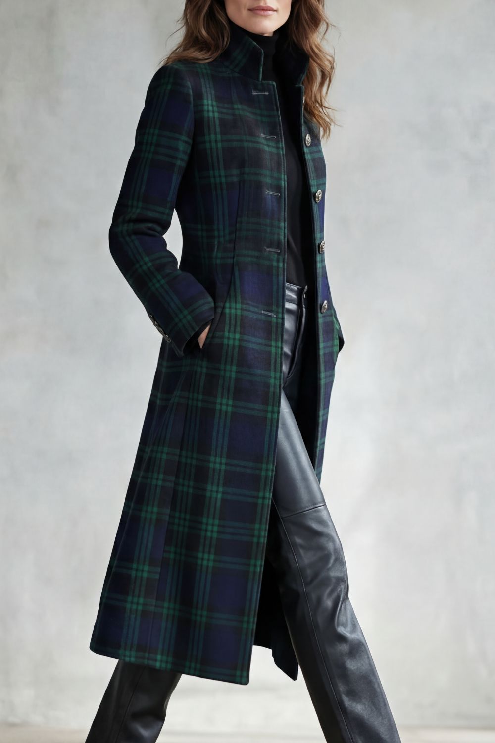 Isla | Fitted Tartan Longline Coat with Stand Collar