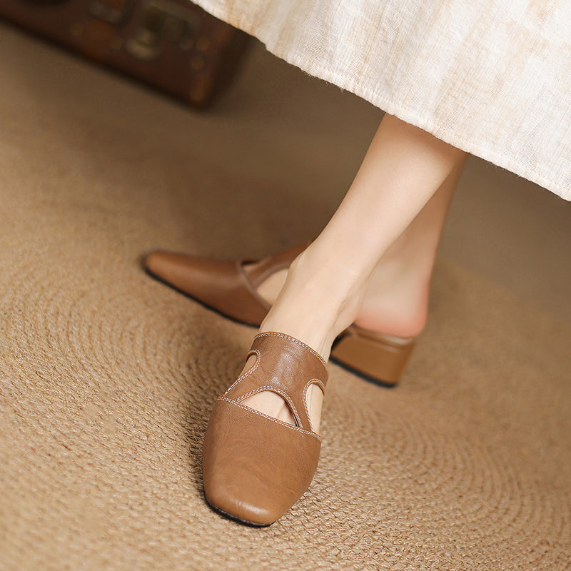 Valentina | Square Toe Block Heel Mules with Cut-Out Detail