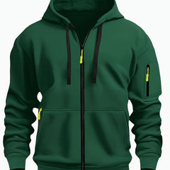 Ewan | Everyday Zip-Up Hoodie with Drawstring Hood - Dark Green