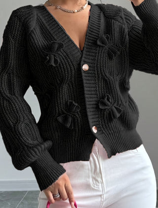 Feminine Cable-Knit Cardigan with Bow Details in Black