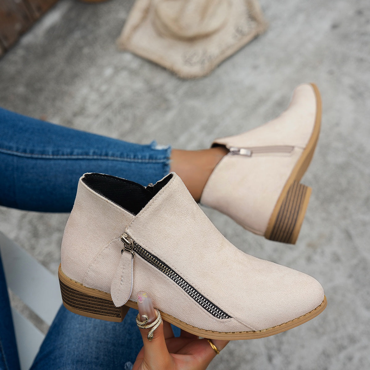 Lorna | Everyday Block Heel Ankle Boots with Side Zip - Beige