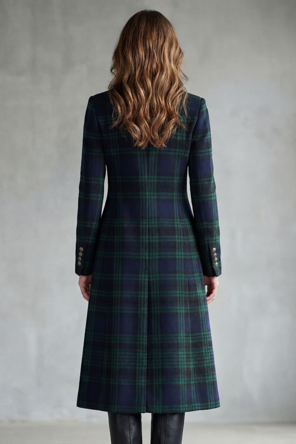 Isla | Fitted Tartan Longline Coat with Stand Collar