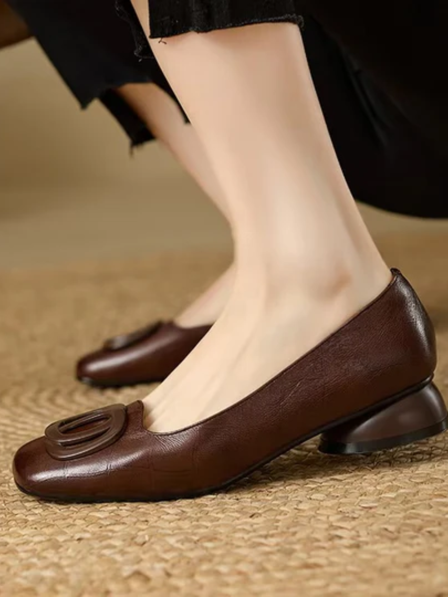 Sylvie | Square Toe Block Heel Flats with Buckle Detail