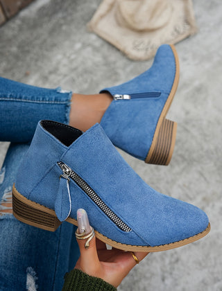 Lorna | Everyday Block Heel Ankle Boots with Side Zip - Blue