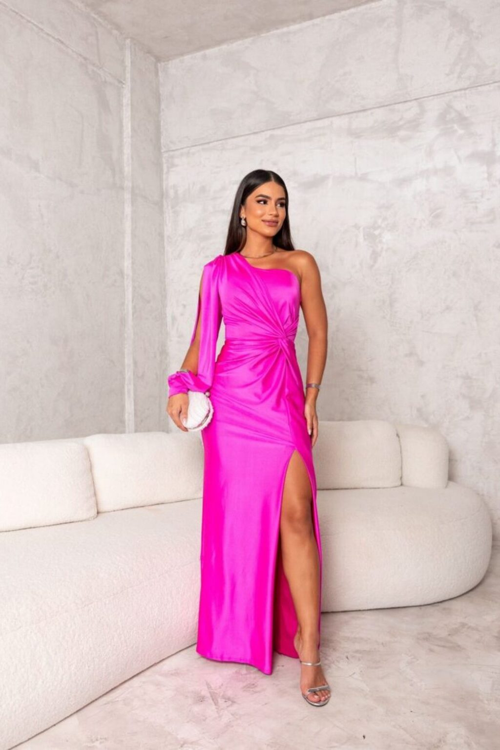 Iris | Draped One-Shoulder Maxi Dress with Front Slit - Fuchsia