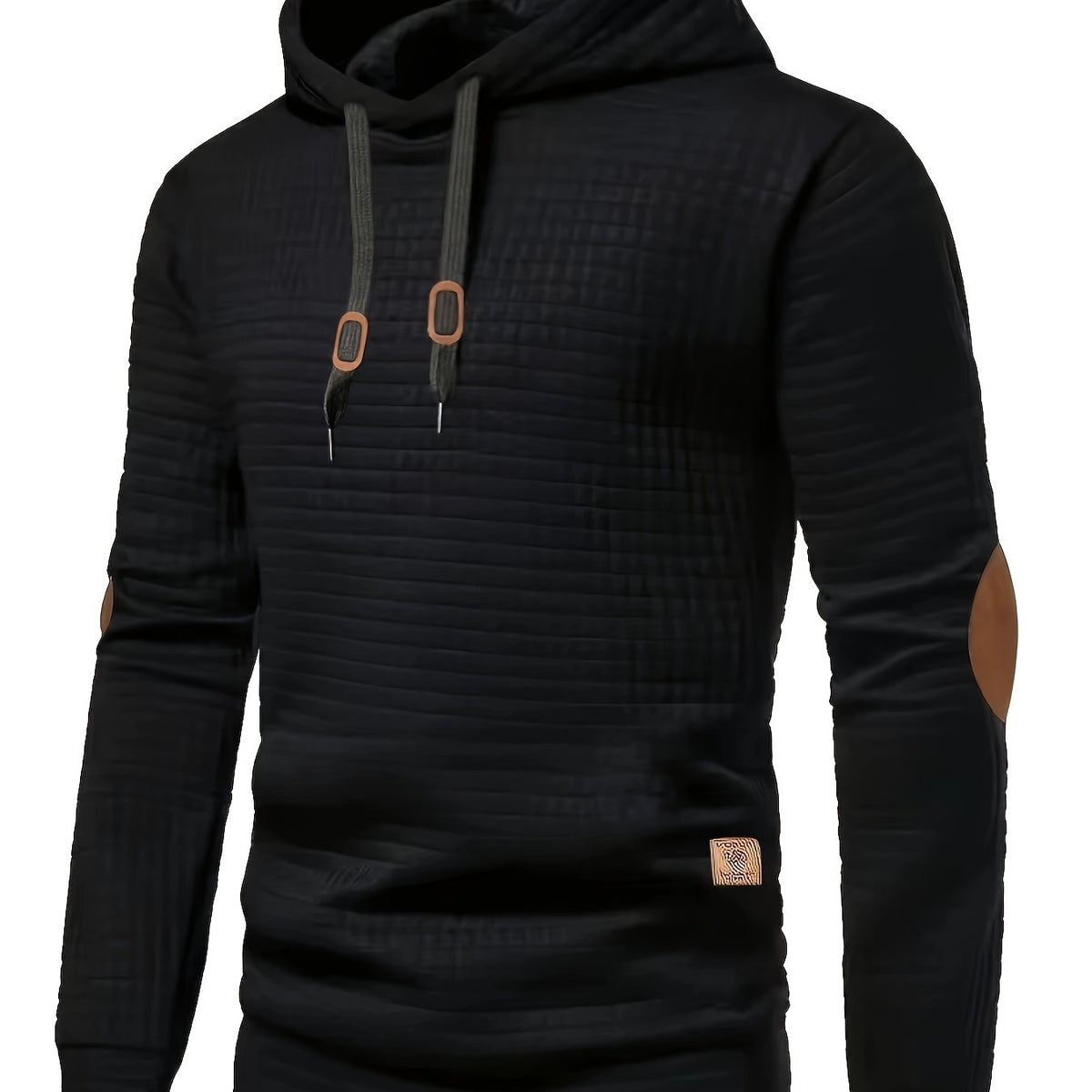 Hamish | Textured Relaxed Hoodie with Contrast Elbow Patches - Black