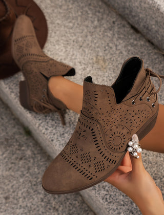 Daisy | Pointed Block Heel Ankle Boots with Cutout Detail - Dark Brown