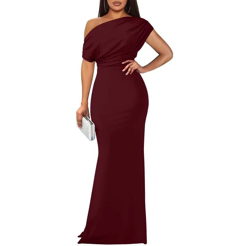 Arabella | Off-Shoulder Bodycon Maxi Dress with Floor-Length Hem - Wine Red