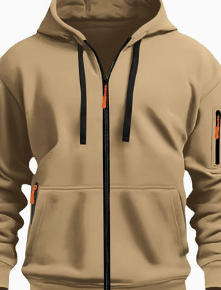 Ewan | Everyday Zip-Up Hoodie with Drawstring Hood - Khaki