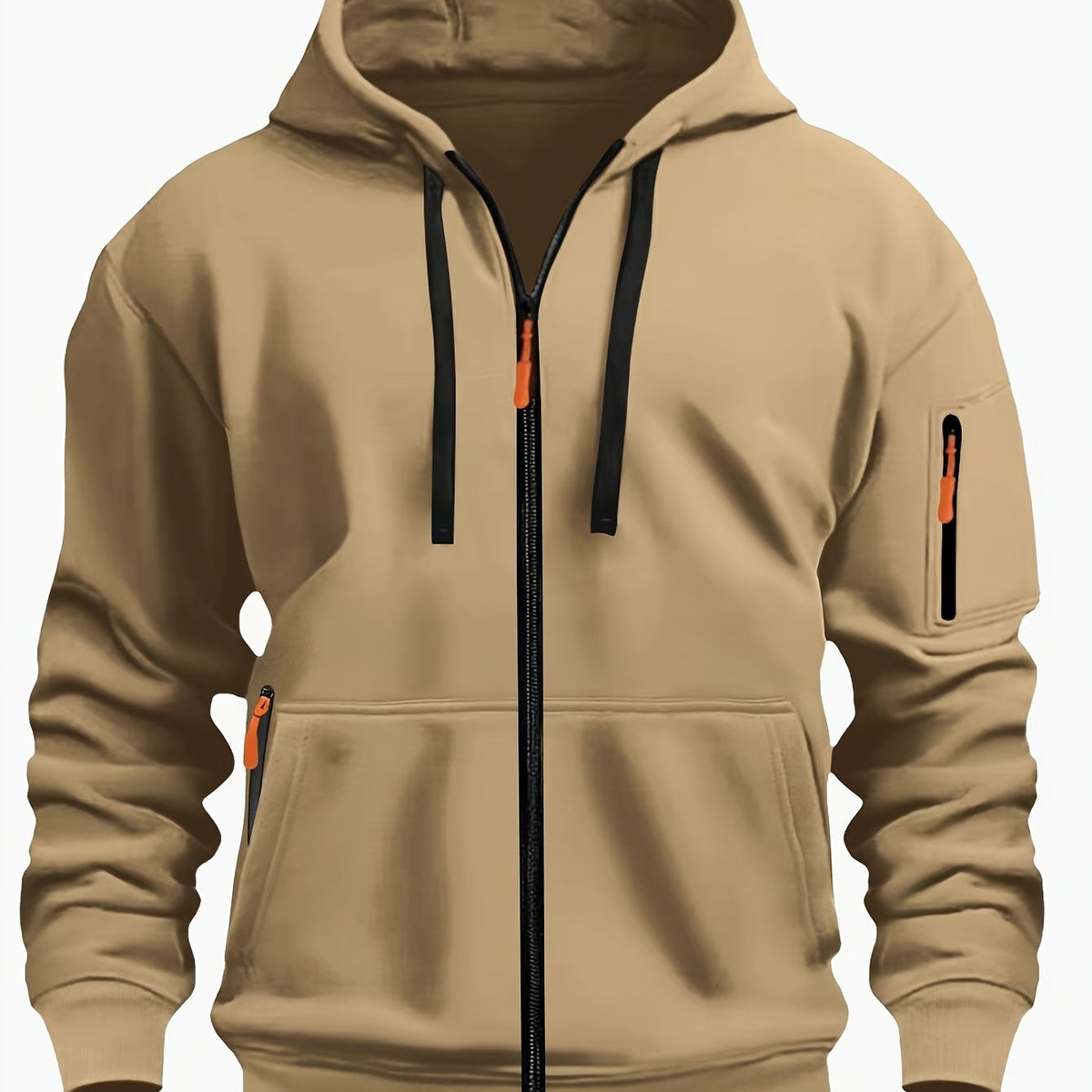 Ewan | Everyday Zip-Up Hoodie with Drawstring Hood - Khaki