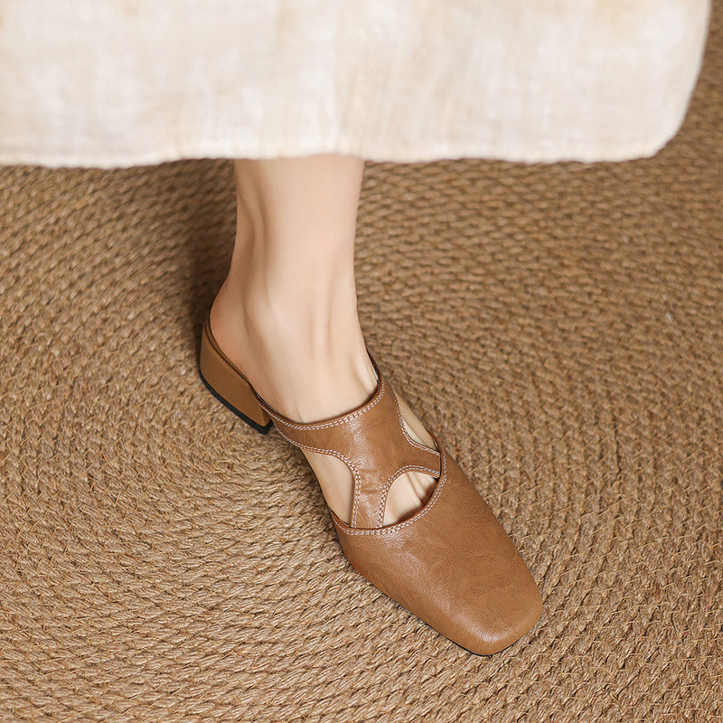 Valentina | Square Toe Block Heel Mules with Cut-Out Detail