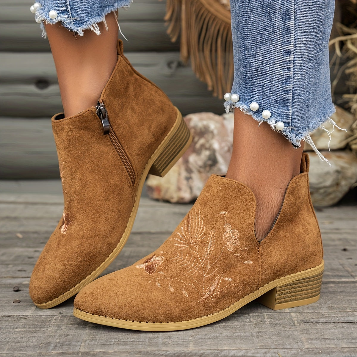 Seren | Embroidered Pointed Ankle Boots with Low Heel