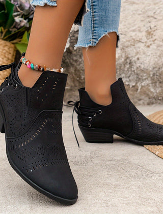 Daisy | Pointed Block Heel Ankle Boots with Cutout Detail - Black