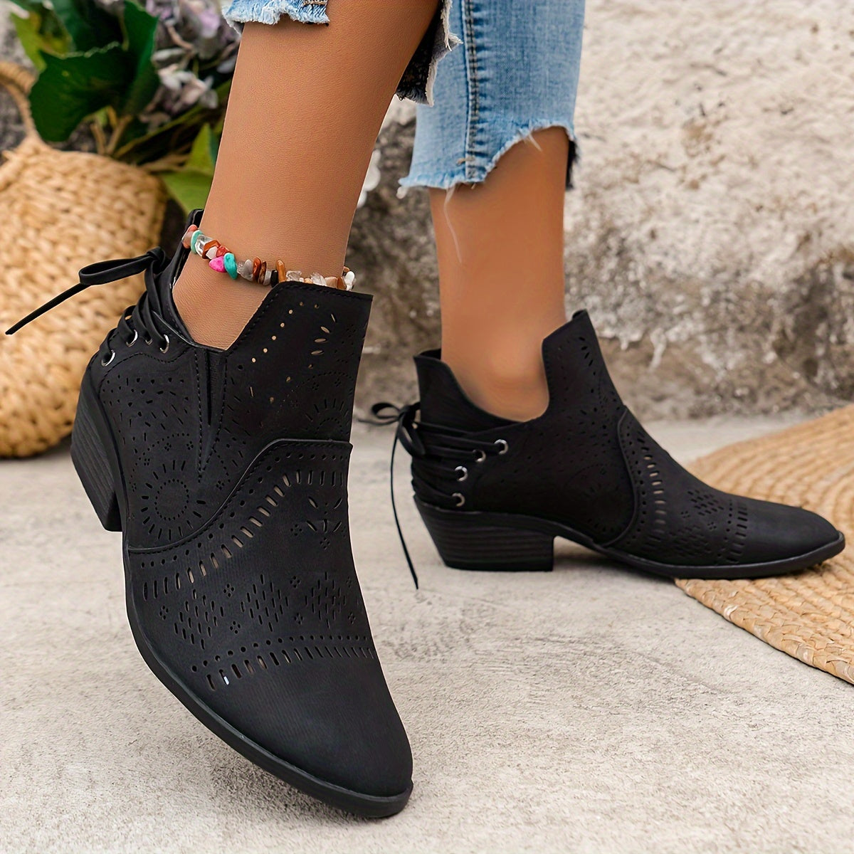 Savannah | Perforated Western Ankle Boots with Tie-Back Detail