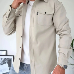 Classic Shirt Jacket with Flap Chest Pockets in Light Beige