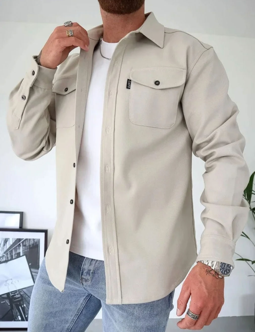 Classic Shirt Jacket with Flap Chest Pockets in Light Beige