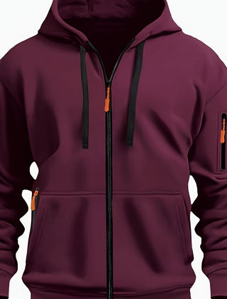 Ewan | Everyday Zip-Up Hoodie with Drawstring Hood - Burgundy