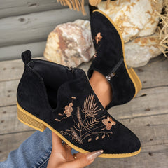 Seren | Embroidered Pointed Ankle Boots with Low Heel